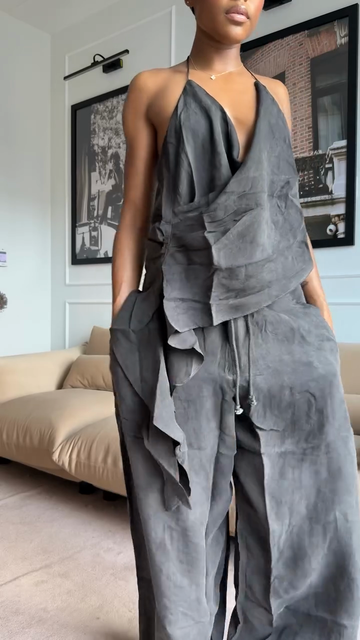Grey Open - Back Asymmetric Top and Pants Set
