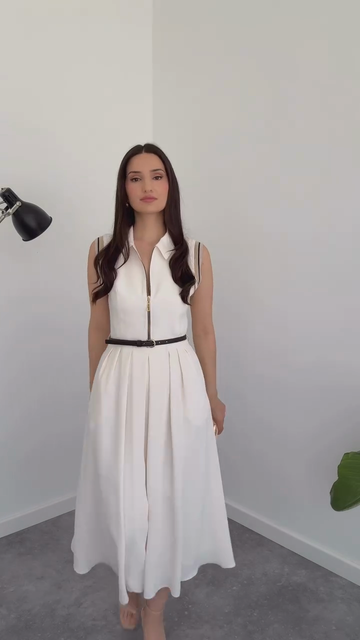 White Sleeveless Collared Zip - front Midi Dress