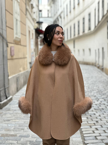 Camel Wool Cape with Fox Fur Trim