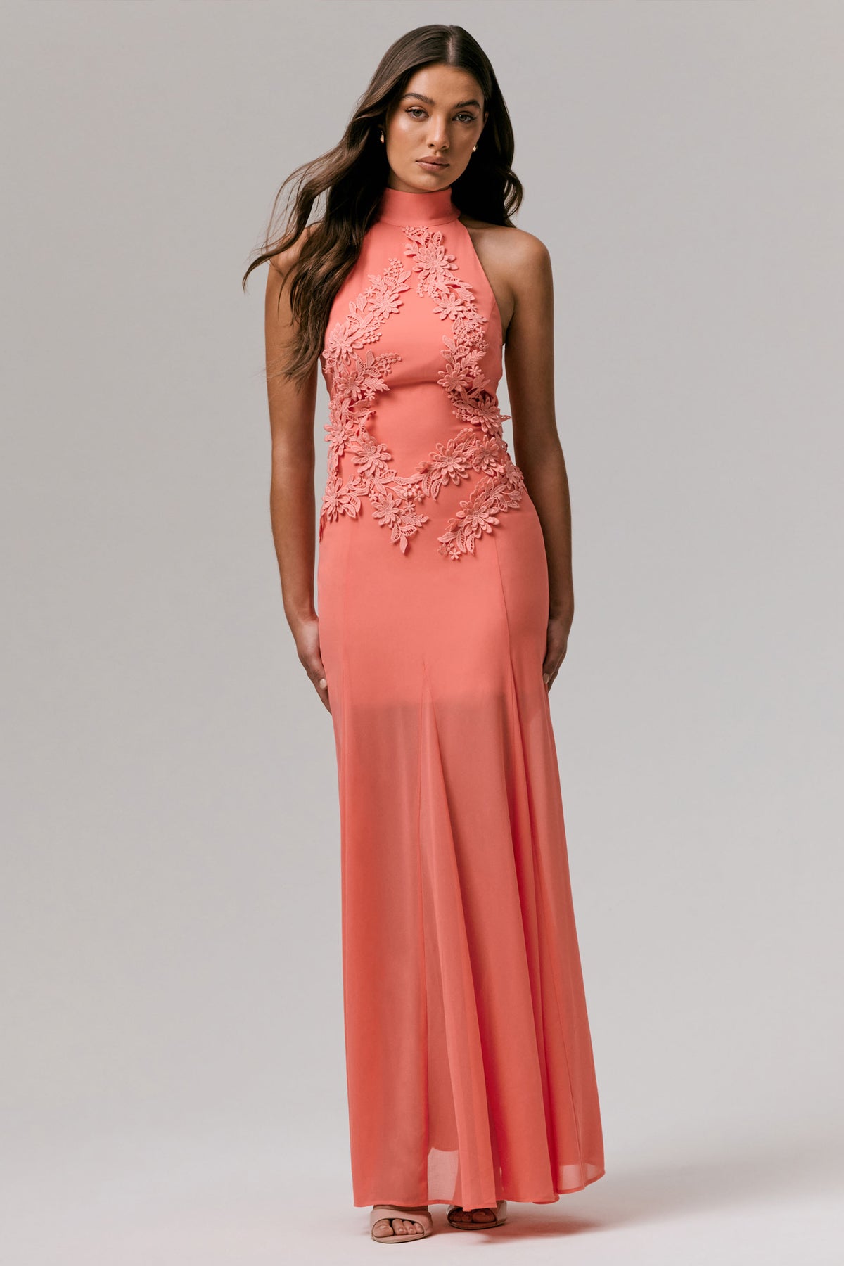 Coral High - Neck Embroidered Gown