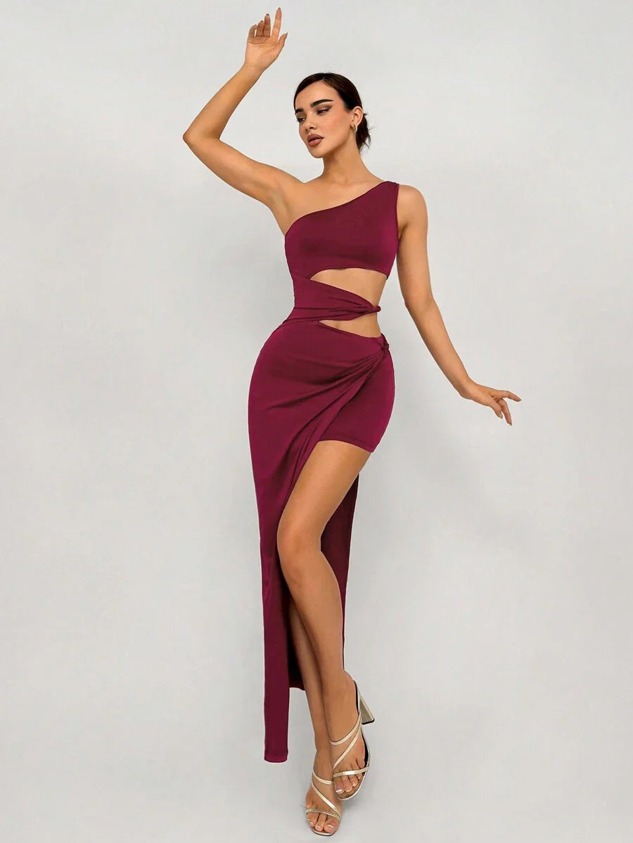Burgundy One - Shoulder Cut - Out Maxi Dress
