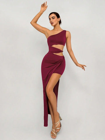 Burgundy One - Shoulder Cut - Out Maxi Dress
