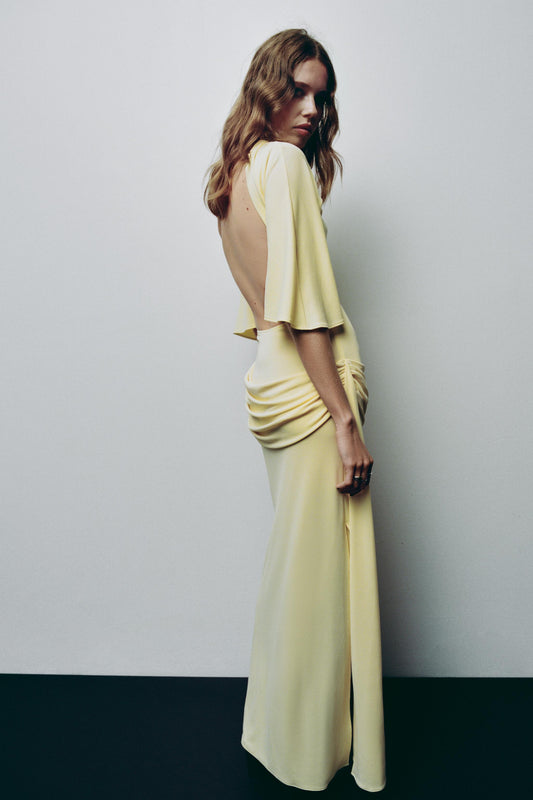 Yellow Draped Midi Dress with Side Slit