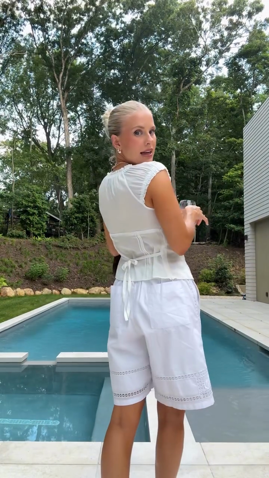 White Square - neck Crop Top and Embroidered Shorts Set