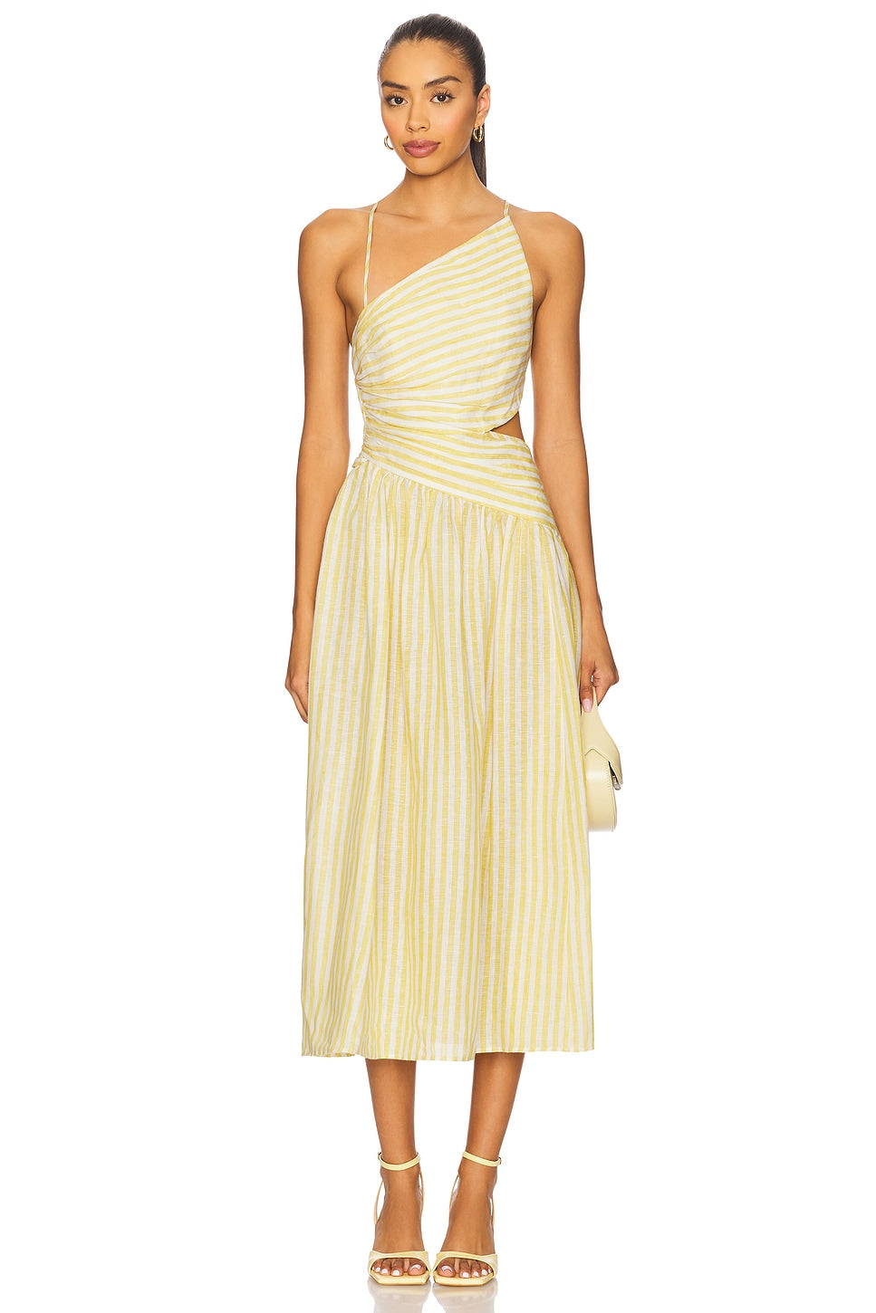 Yellow Striped One - Shoulder Midi Dress