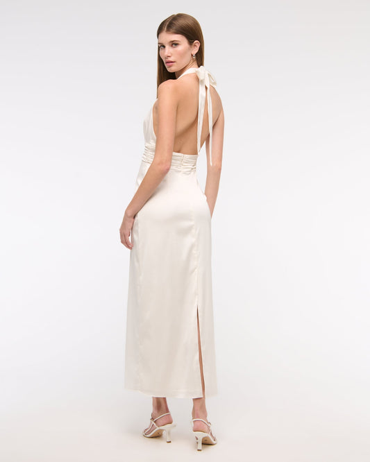 White Halter Neck Satin Maxi Dress