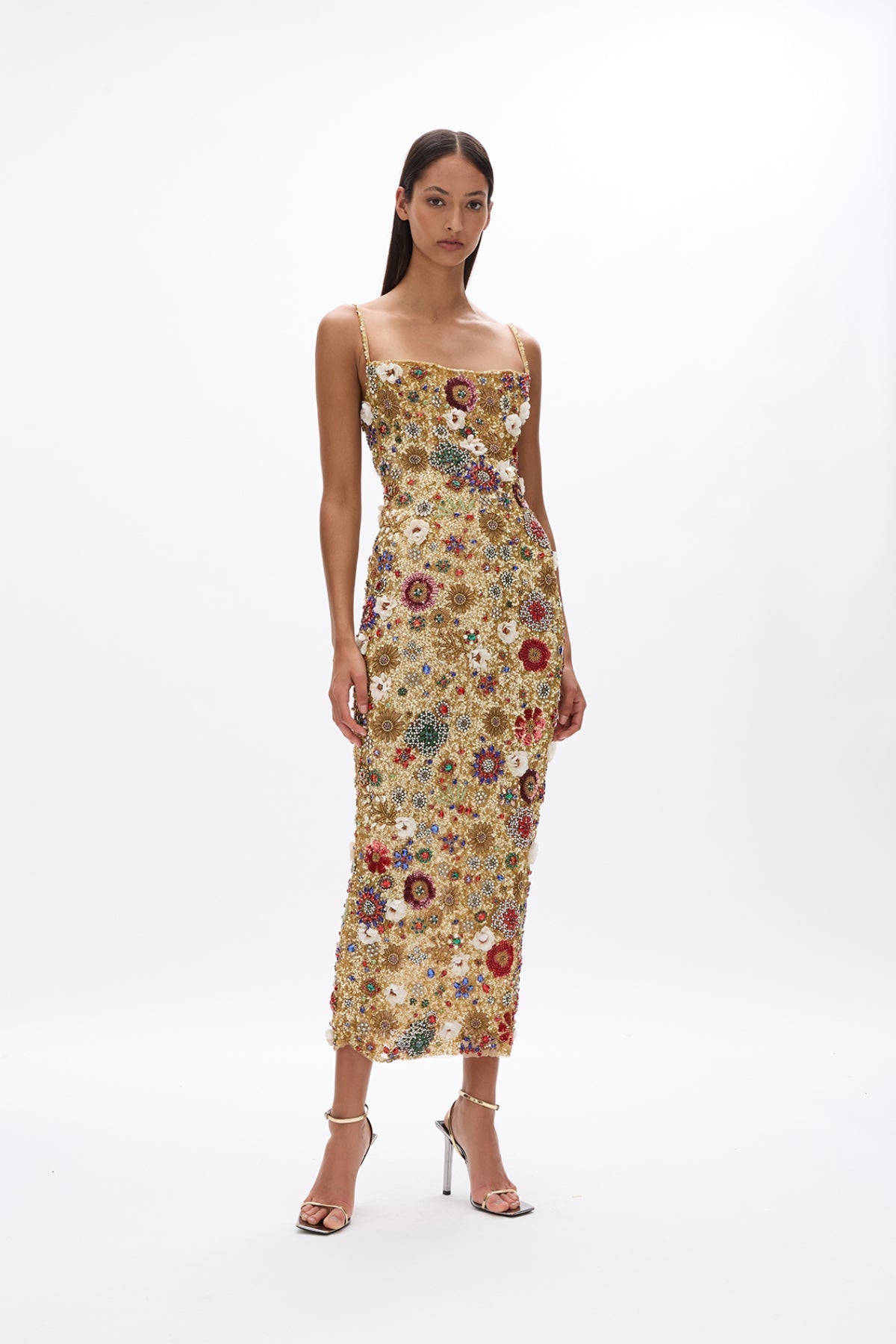 Gold Floral - Embellished Midi Dress