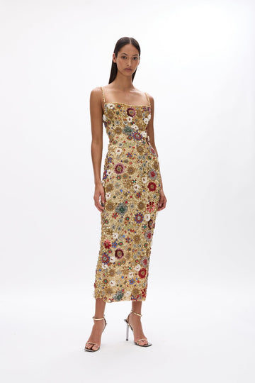 Gold Floral - Embellished Midi Dress