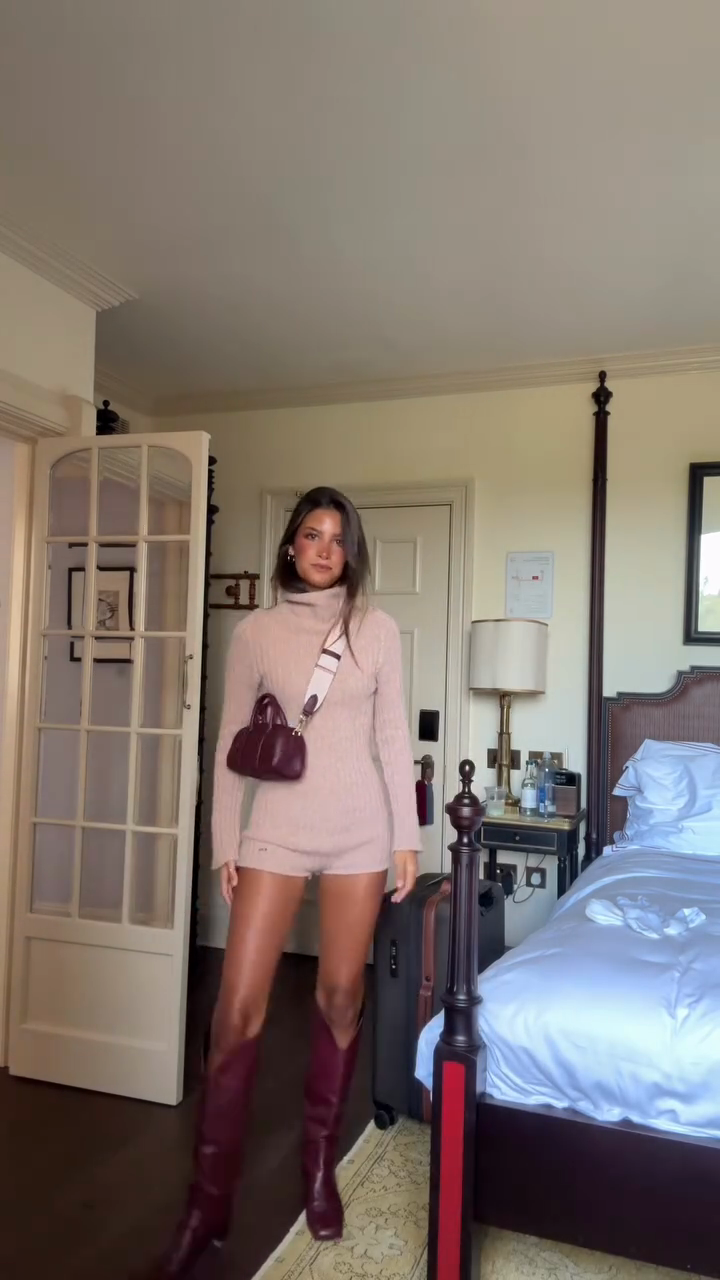 Beige Turtleneck Knit Jumpsuit