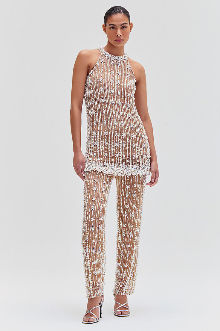 Pearl - Embroidered Halter Neck Sheer Dress and Pants Set