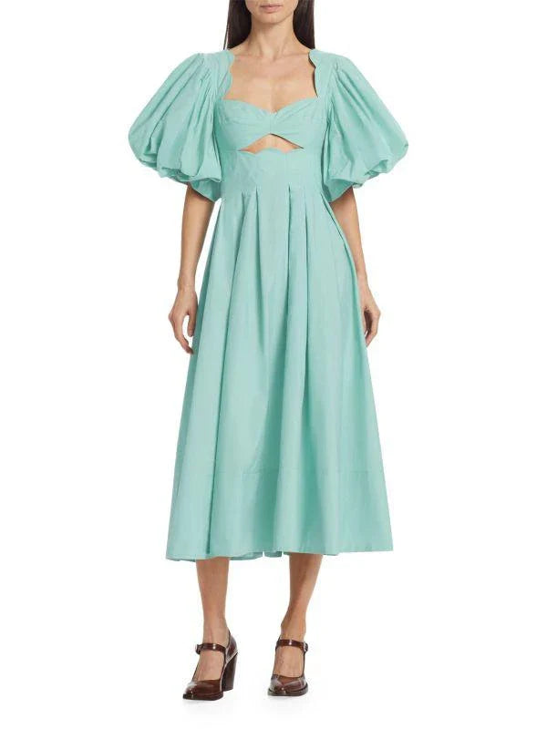 Light Blue Puff - Sleeve Cut - Out Midi Dress