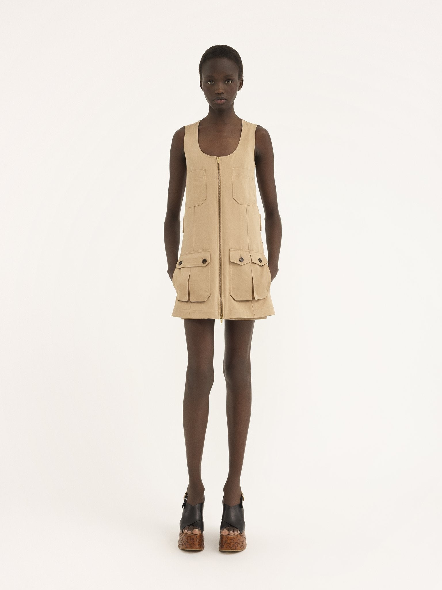 Beige Sleeveless Cargo Mini Dress
