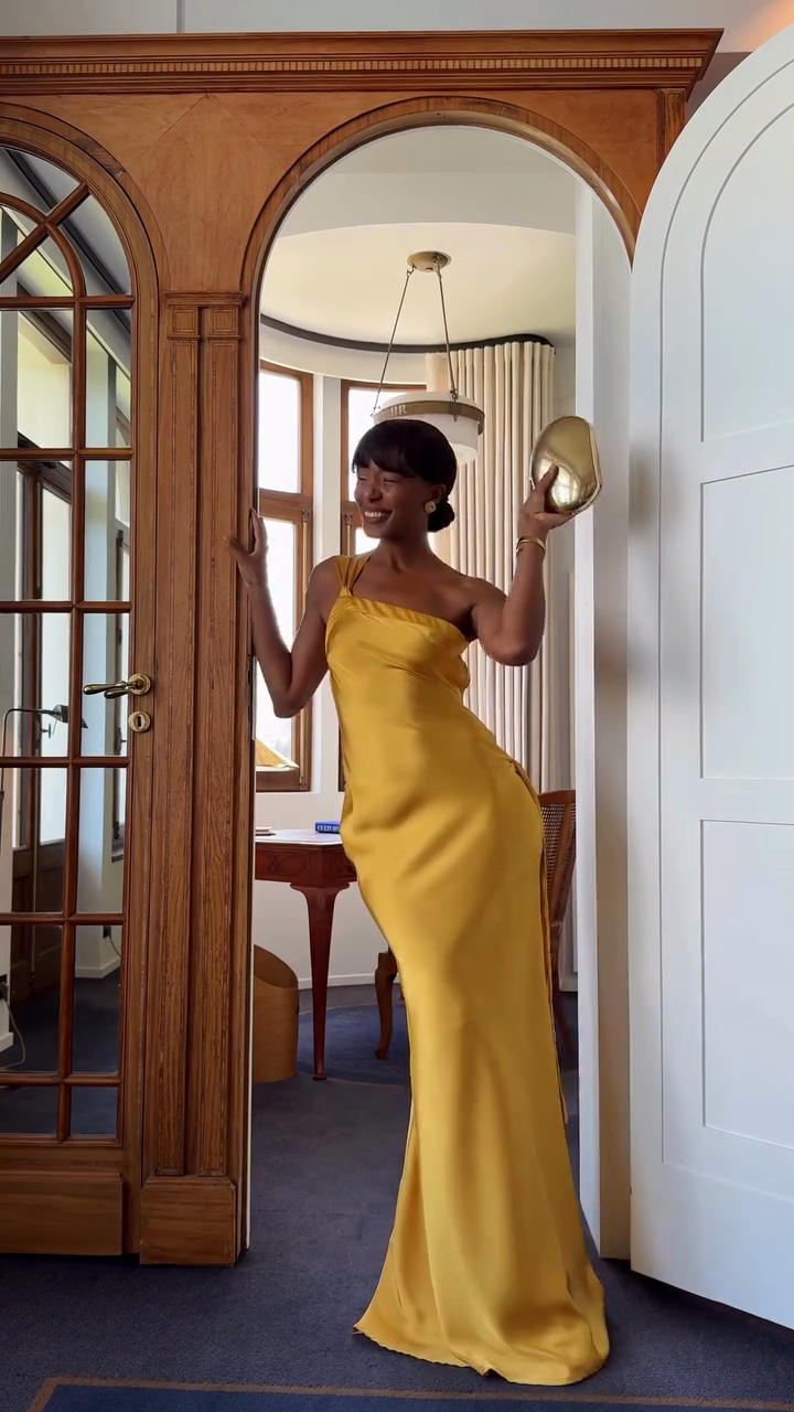 Yellow One - shoulder Satin Maxi Dress