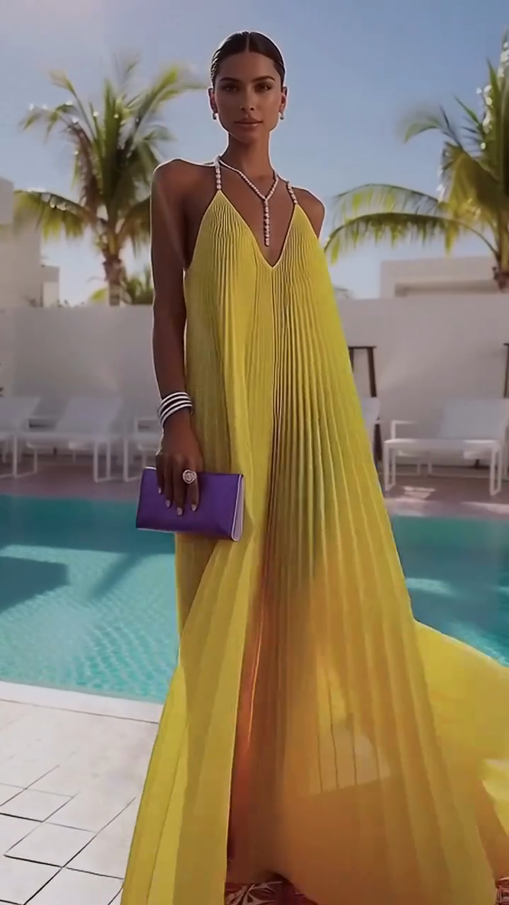 Yellow Pleated Halter Maxi Dress
