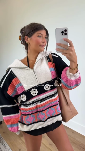 Colorblock Patterned Half - Zip Sweater