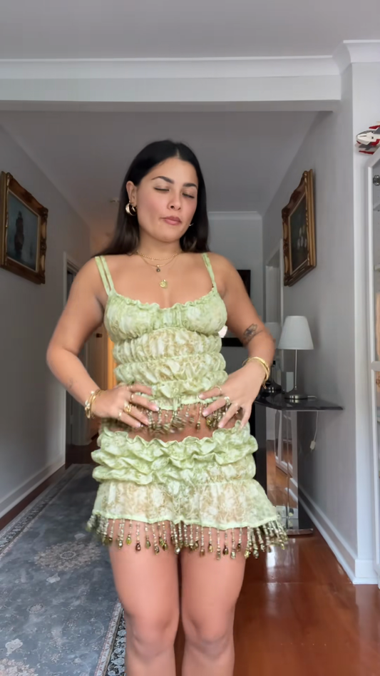 Light Green Ruffled Two - Piece Set with Beaded Fringe