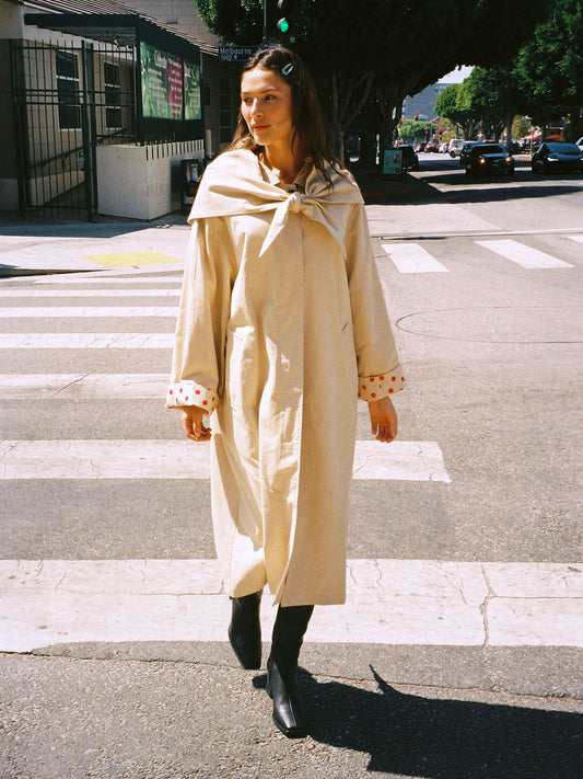 Beige Trench Coat with Polka Dot Detail