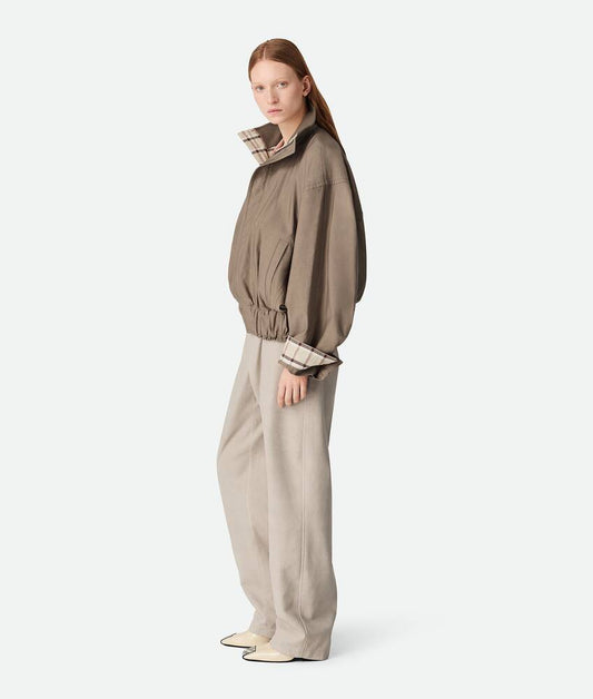 Olive Green Check Cuff Cropped Bomber Jacket