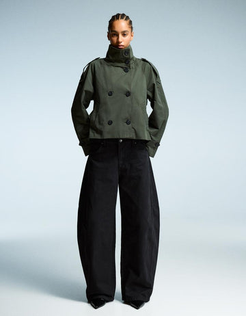 Olive Green Double - Breasted Cropped Trench Jacket