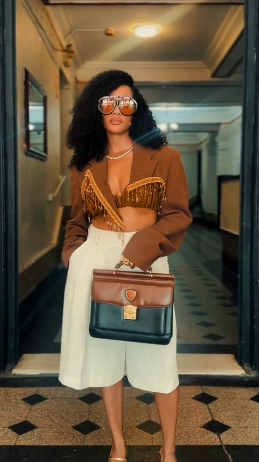 Brown Fringe - Trimmed Cropped Blazer Set