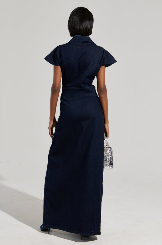 Denim Button-Up Front Slit Maxi Skirt