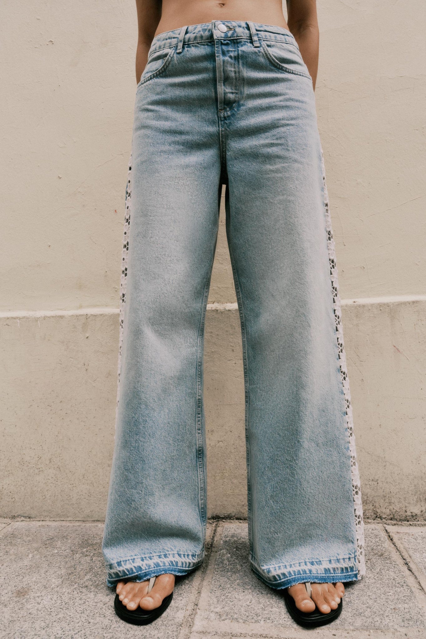Light Blue Wide - Leg Jeans with Lace Trim