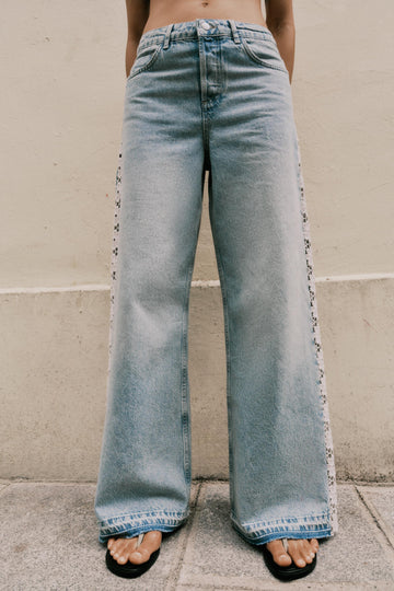 Light Blue Wide - Leg Jeans with Lace Trim