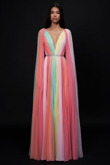 Rainbow Striped Cape Sleeve Gown