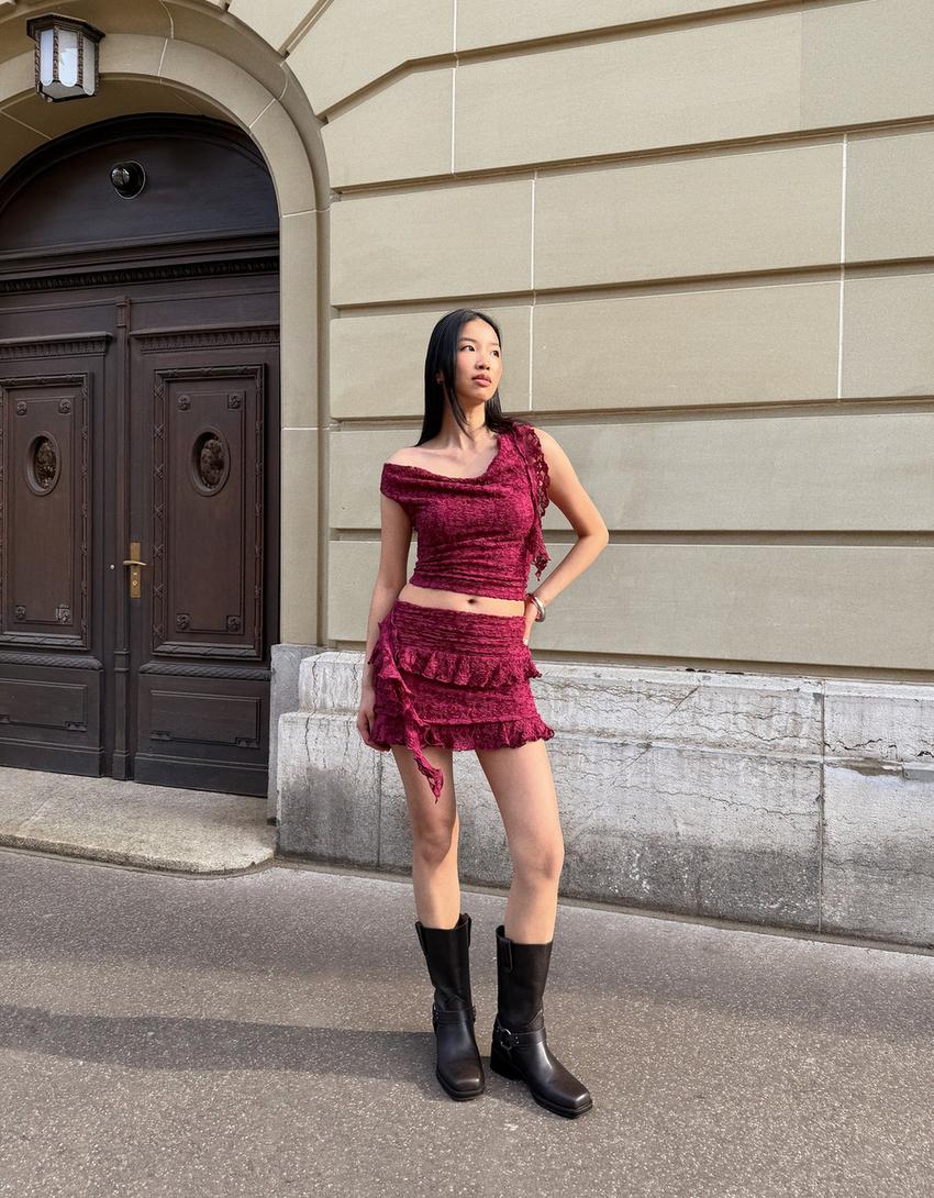 Lace One Shoulder Cropped Top and Ruffled Mini Skirt Set
