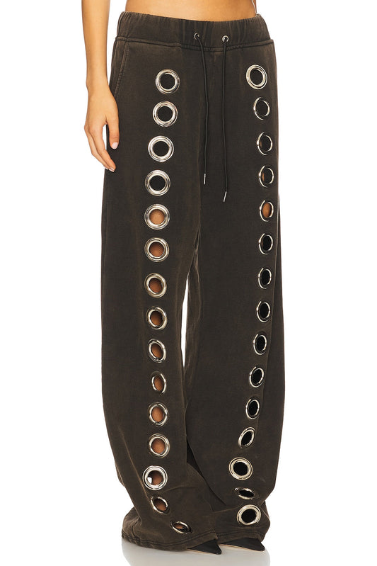 Dark Brown Wide-Leg Pants with Metal Eyelet Decorations