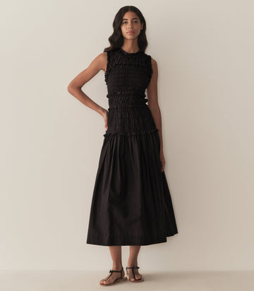 Black Smocked Ruffle Maxi Dress