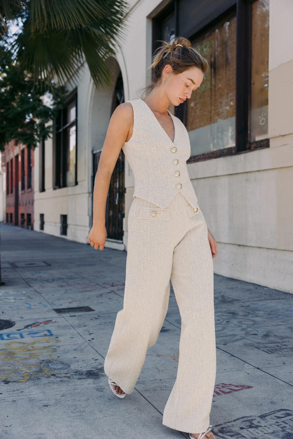 Beige Tweed Vest and Wide - Leg Pants Set