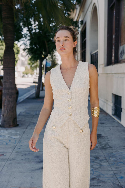 Beige Tweed Vest and Wide - Leg Pants Set