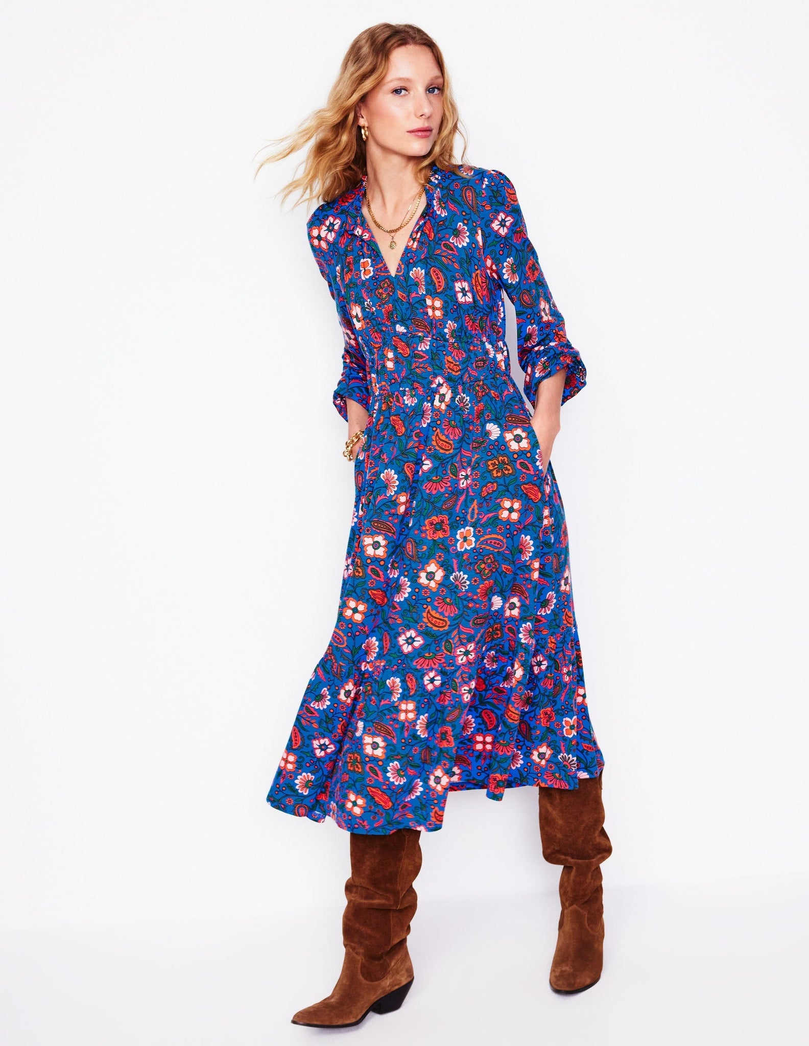 Blue Floral Print Midi Dress