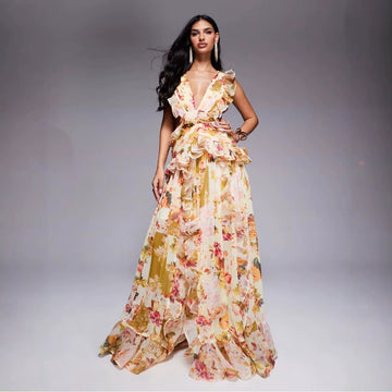 Floral Ruffled Maxi Dress with Plunge Neck