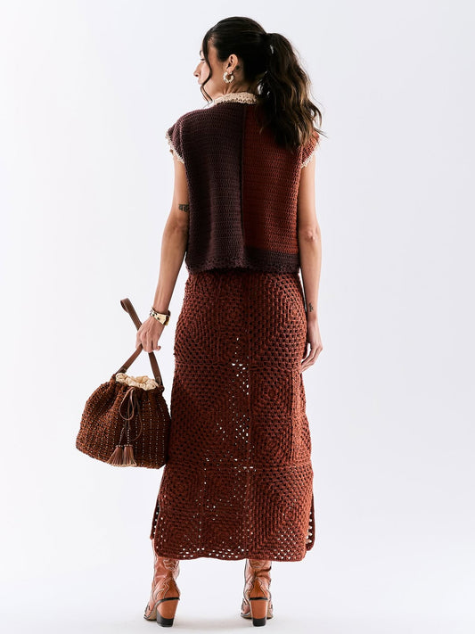 Brown Crochet Vest with Floral Embellishments and Crochet Maxi Skirt Set