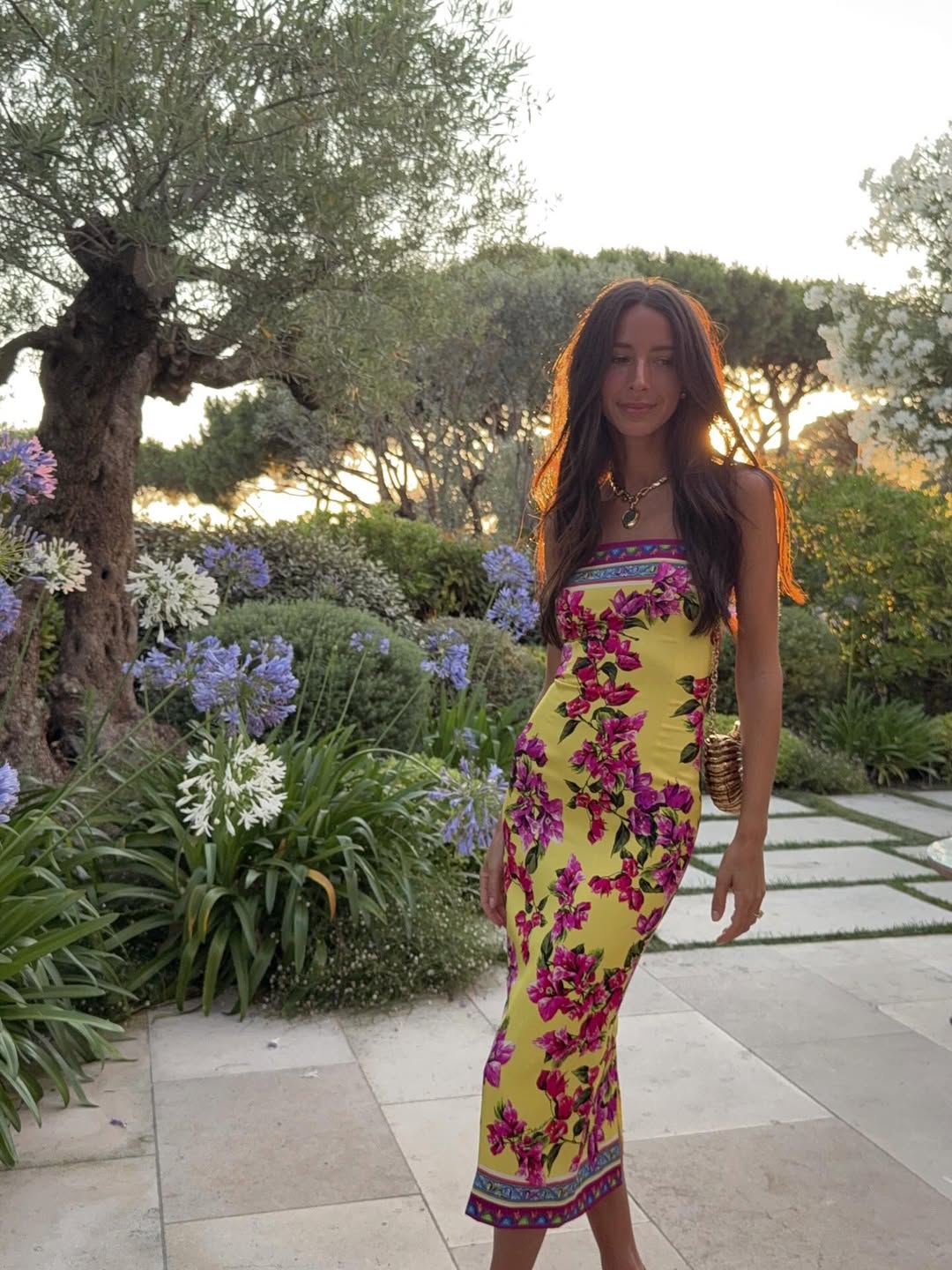 Yellow Floral Print Strapless Midi Dress