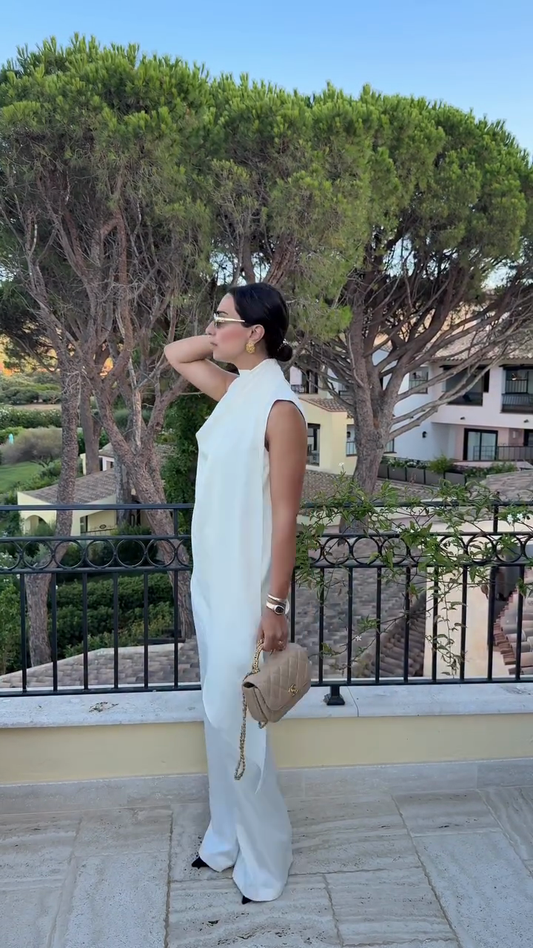 White Asymmetrical Sleeveless Top and Wide - Leg Pant Se