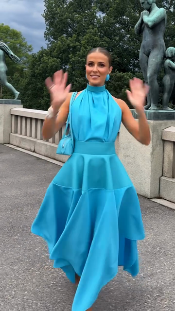 Turquoise High - Neck Open - Back Midi Dress