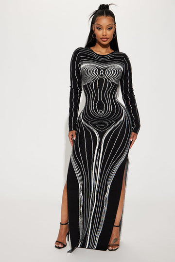 Black and White Optical Illusion Print Maxi Dress