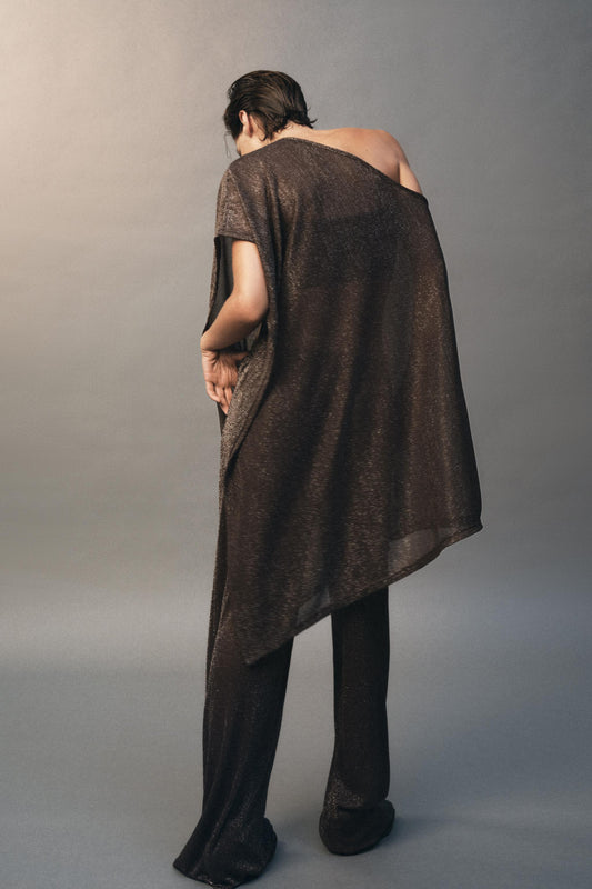 One - Shoulder Metallic Brown Co - ord Set