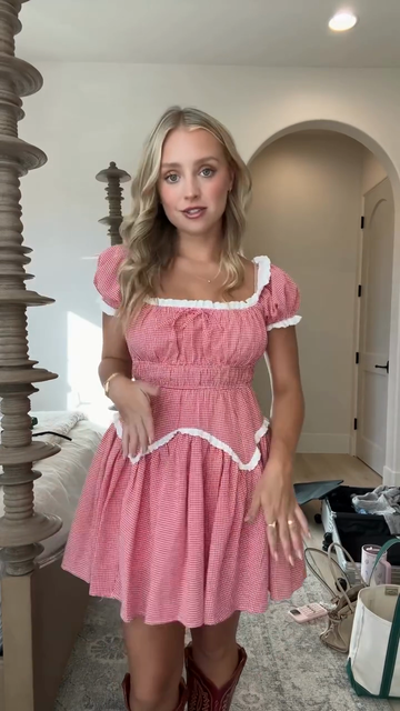 Pink Gingham Square - Neck Mini Dress