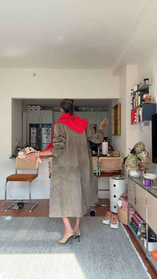 Trench  Style Coat with Red Shawl
