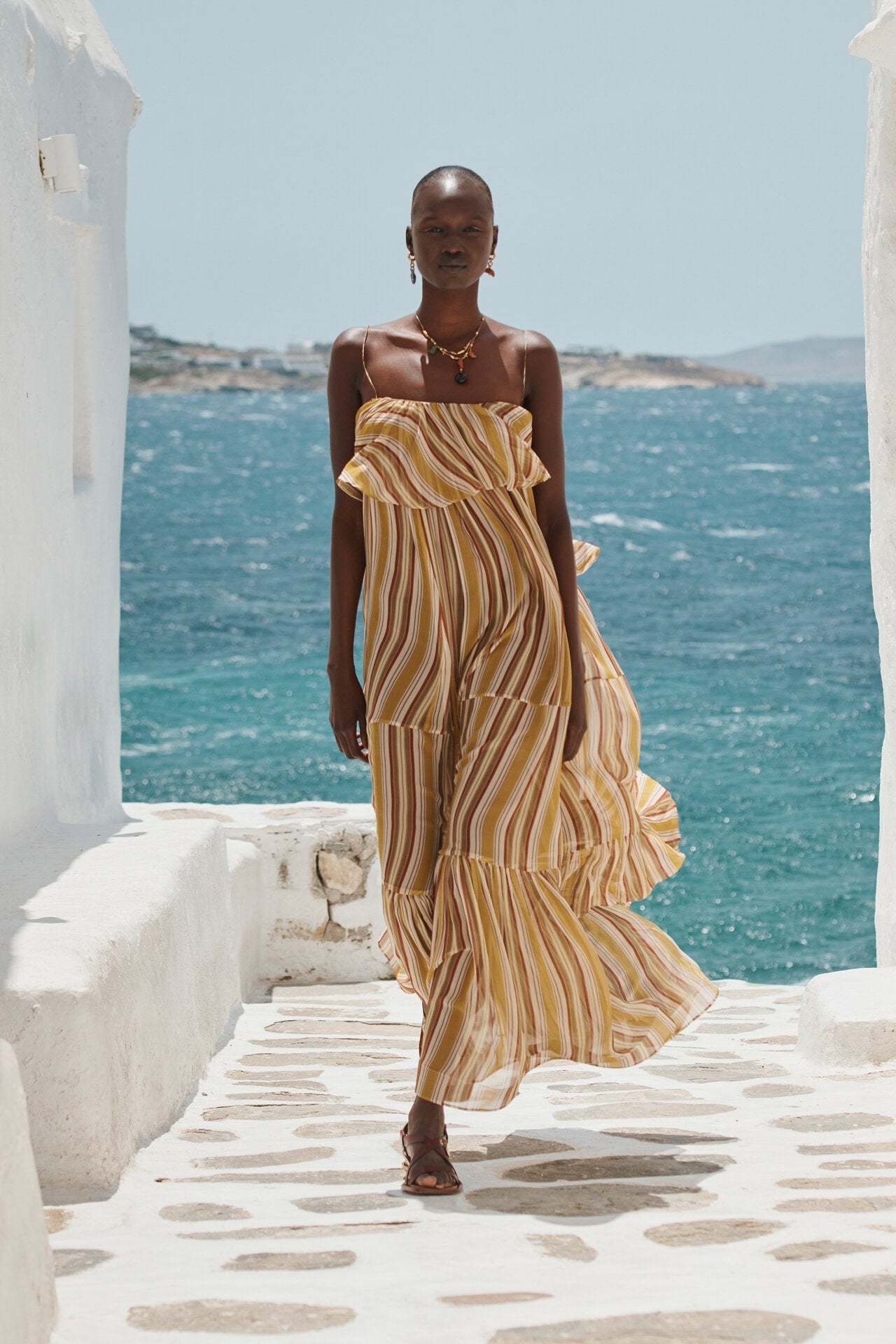 Yellow and Brown Striped Strapless Maxi Dress
