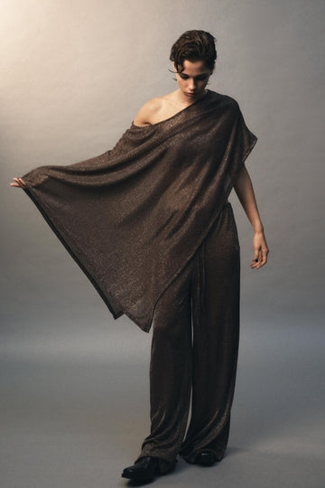 One - Shoulder Metallic Brown Co - ord Set
