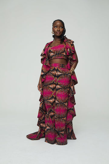 Magenta and Black Print Two - piece Set with Ruffled Shawl