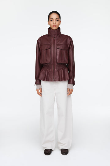 Burgundy Leather Peplum Jacket