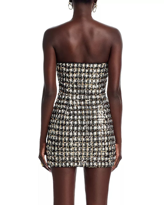 Black and White Tweed Strapless Mini Dress